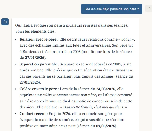 Mémoire clinique, dossier fictif : à la question « Léa a-t-elle déjà parlé de son père ? », la réponse reprend ce qui a été dit, séance par séance, avec la date de chaque séance.
