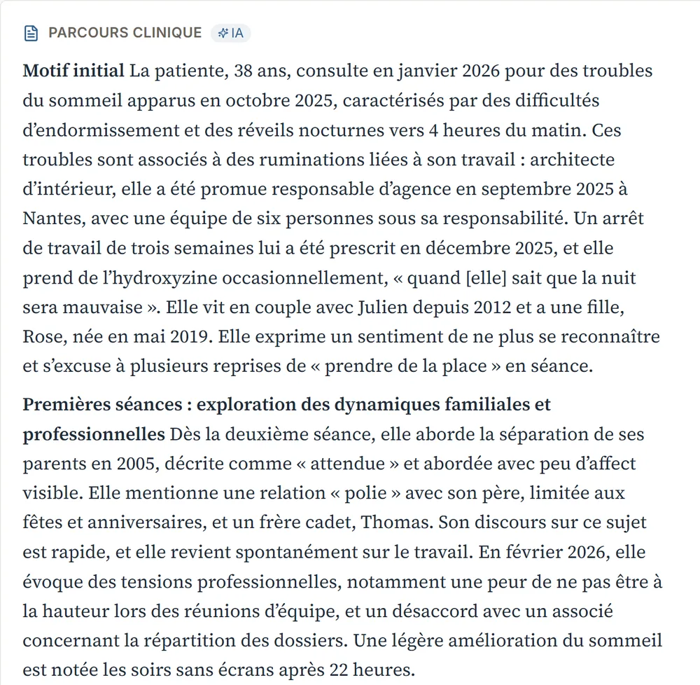Parcours clinique d'un dossier fictif : motif initial et premières séances, rédigés à partir des notes de la praticienne.